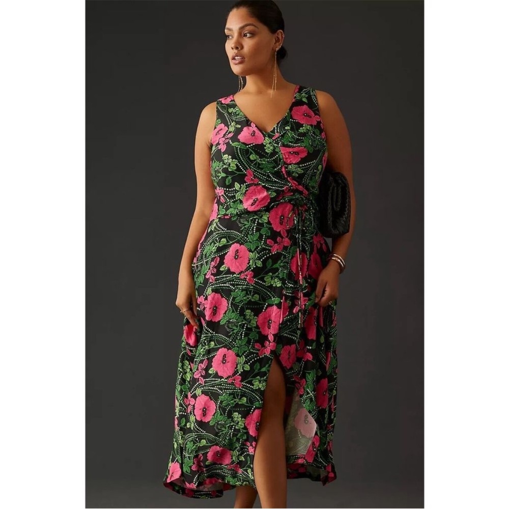 ▪️NEW! Anthropologie Maeve V-Neck Midi Dress Slit Sleeveless Summer Roses